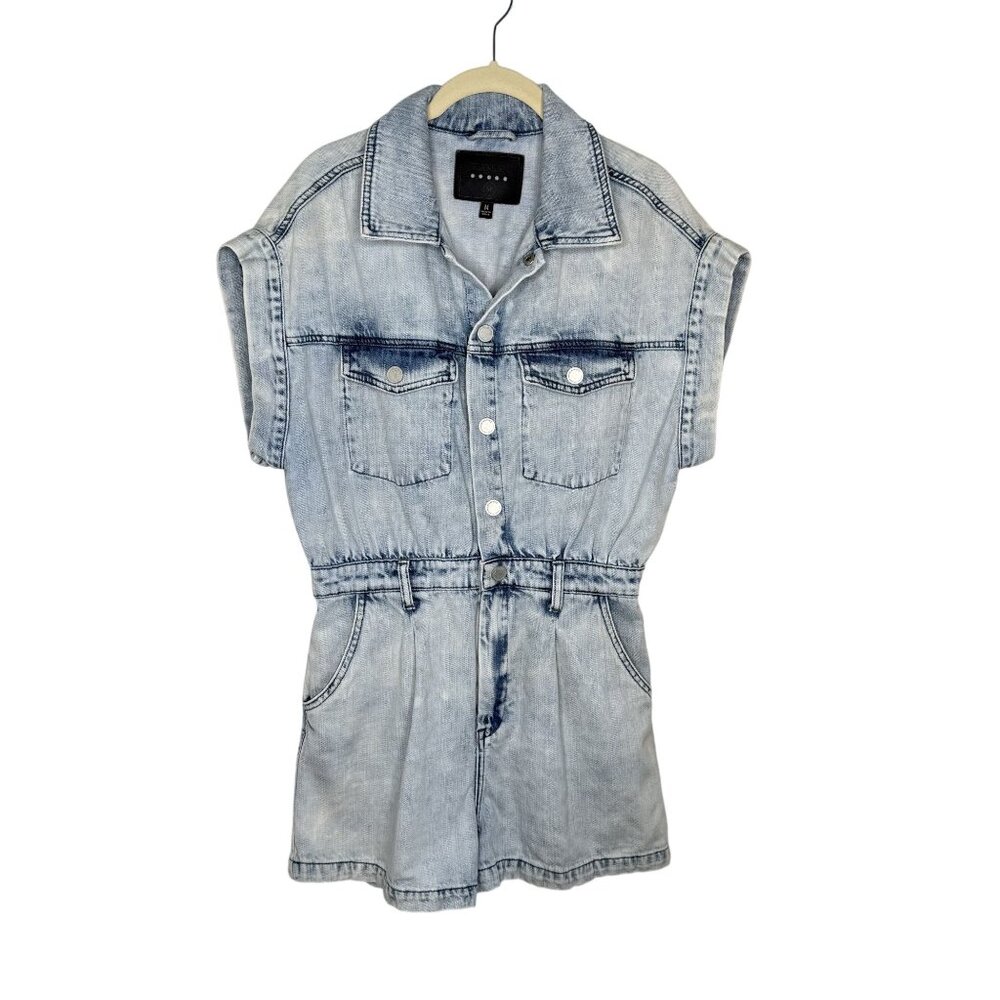 Blank NYC Denim Romper With Elastic Waist & Snap Closure, M